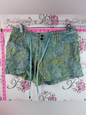 Santiki Women's Drawstring Athletic Shorts Teal Leaf-Print Flowly Beachy Summer
